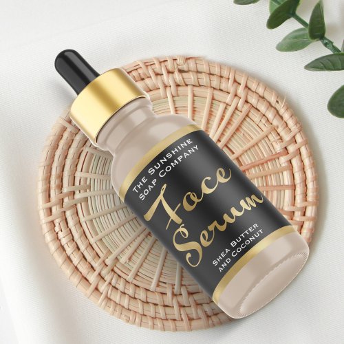 Black and Faux Gold Face Serum Bottle Label