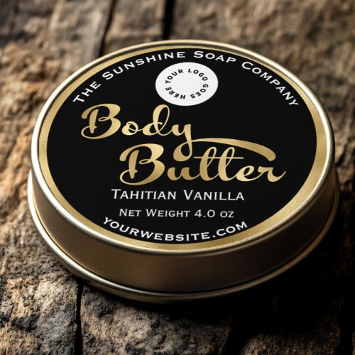 Black and faux gold foil body butter label with logo