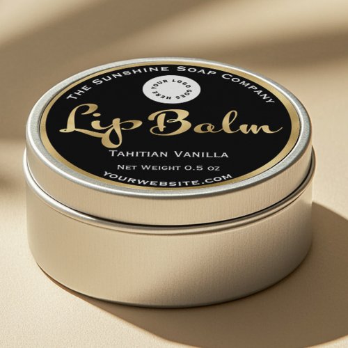 Black and faux gold foil lip balm label with logo