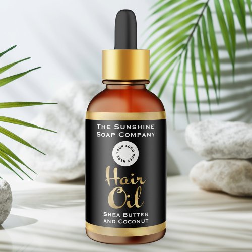 Black and Faux Gold Hair Oil Bottle Label with logo