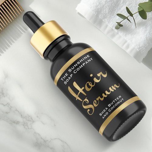 Black and Faux Gold Hair Serum Bottle Label