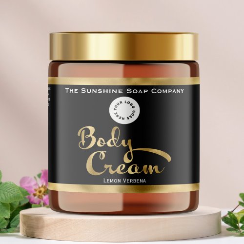 Black & Faux Gold Foil Body Cream Jar Label with logo