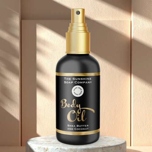 Black & Faux Gold Foil Body Oil Bottle Label with logo