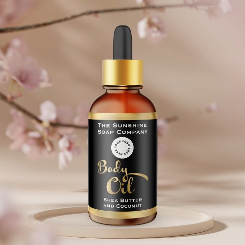 Black & Faux Gold Foil Body Oil Bottle Label with logo