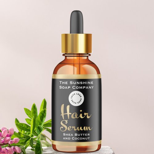 Black & Faux Gold Foil Hair Serum Bottle Label w/ logo