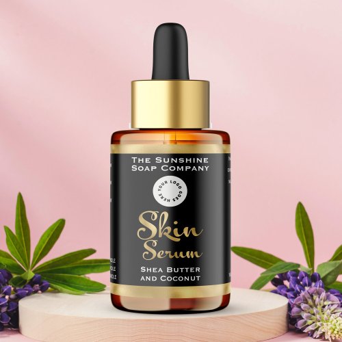 Black & Faux Gold Foil Skin Serum Bottle Label logo