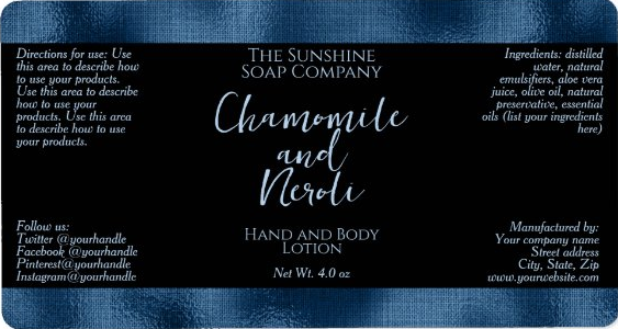 Handmade Soap and Cosmetics Product Packaging Label - Black with Faux Blue Foil - rectangle - 3.75" x 2"