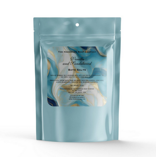 blue and faux gold bath salts pouch label