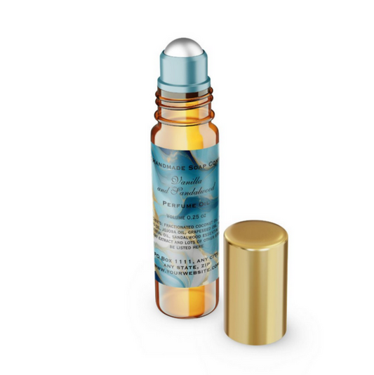 blue and faux gold perfume roller bottle label