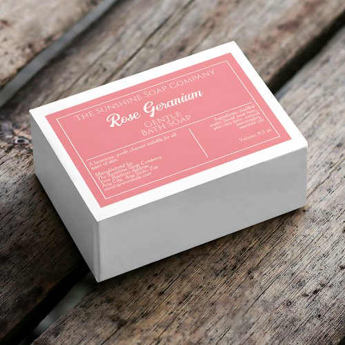 Dusty rose and white waterproof soap product label