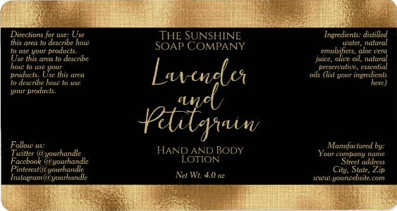 Handmade Soap and Cosmetics Product Packaging Label - Black with Faux Gold Foil - rectangle - 3.75" x 2"