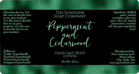 Handmade Soap and Cosmetics Product Packaging Label - Black with Faux Green Foil - rectangle - 3.75" x 2"