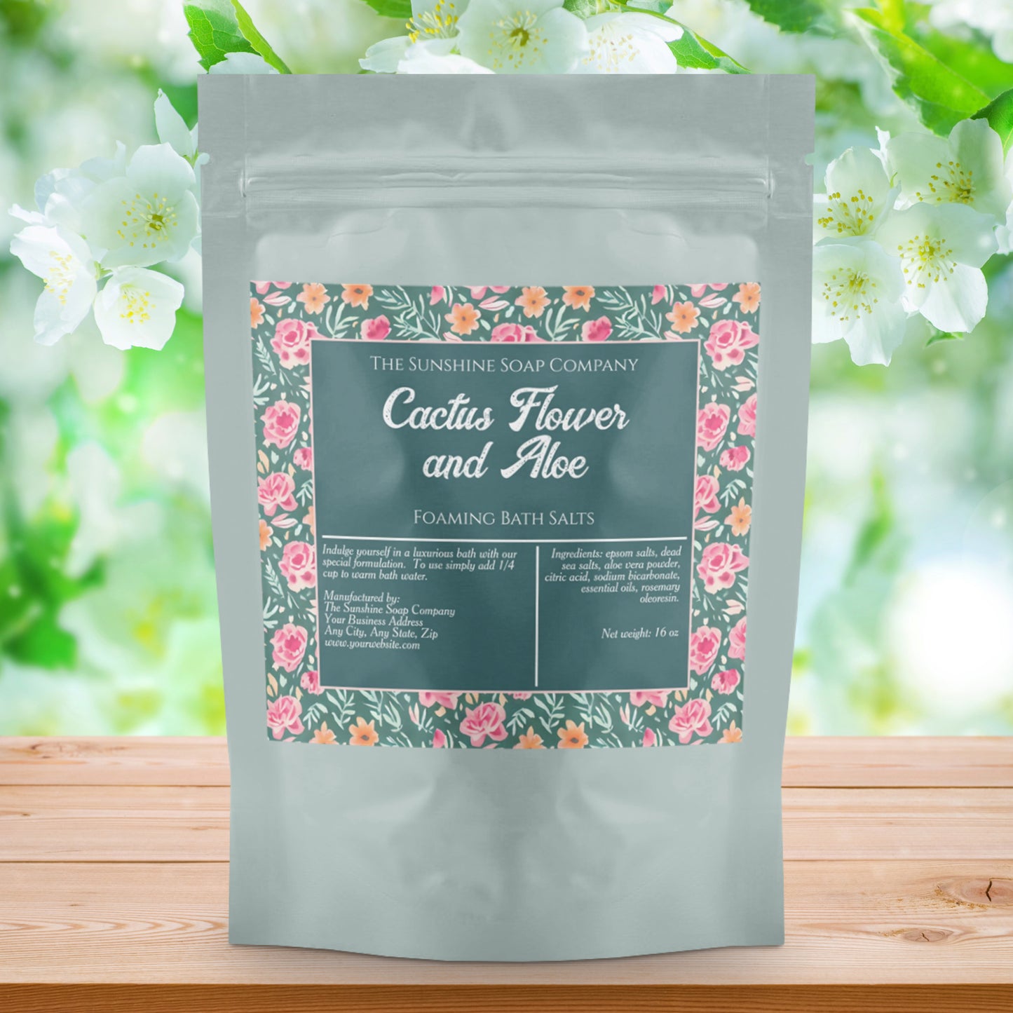 Pink and Green Flowers Waterproof Bath Salts Label
