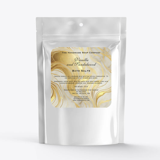 ivory and gold marbled bath salts pouch label