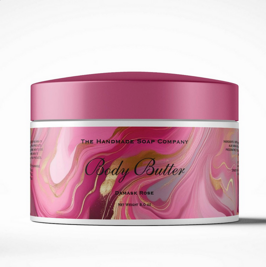 Body butter container with pink and gold marbled design on a white background