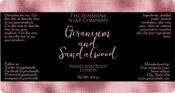 Handmade Soap and Cosmetics Product Packaging Label- Black with Faux Pink Foil - rectangle - 3.75" x 2"