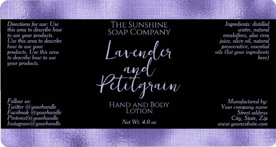 Handmade Soap and Cosmetics Product Packaging Label - Black with Faux Purple Foil - rectangle - 3.75" x 2"