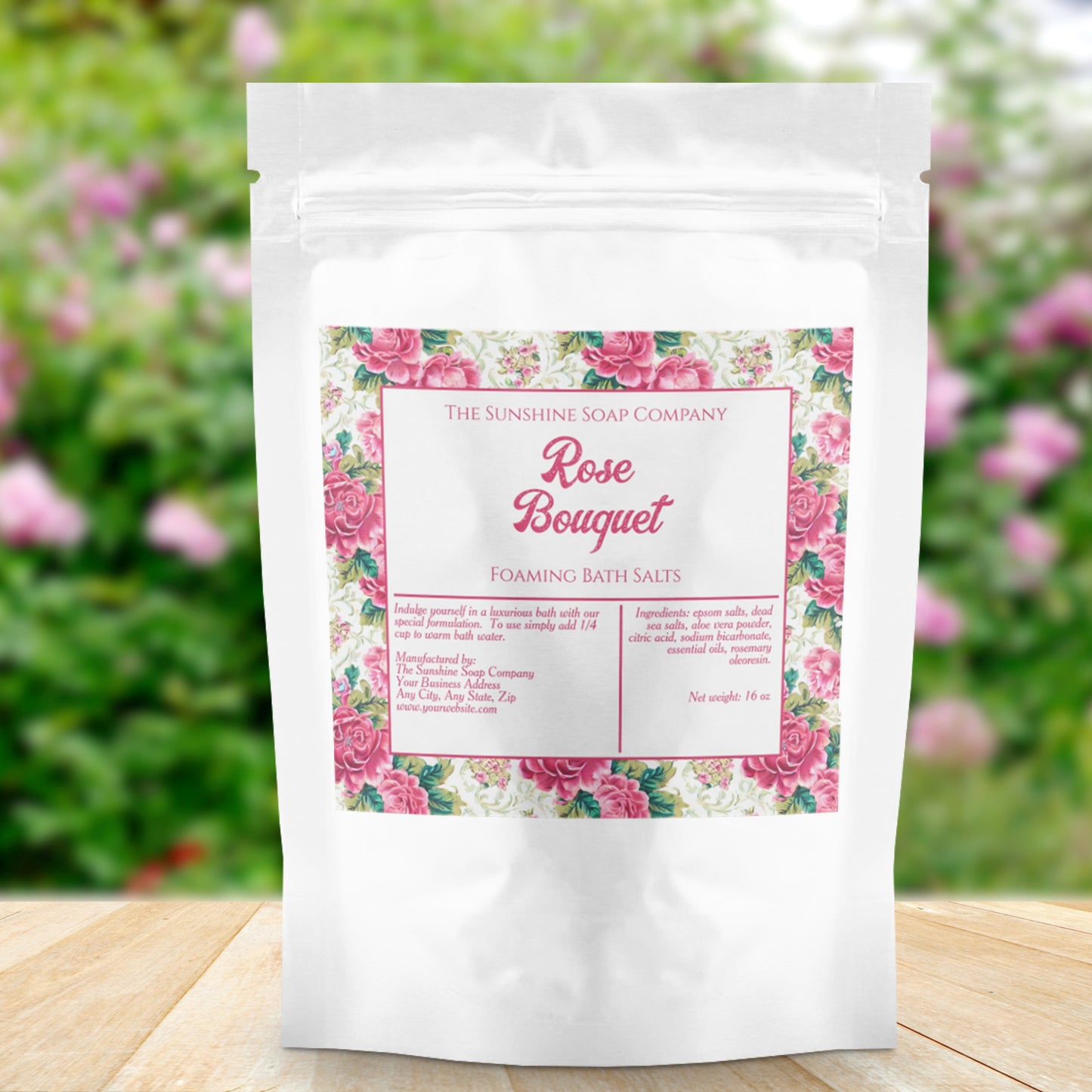 Rose Waterproof Bath Salts Label