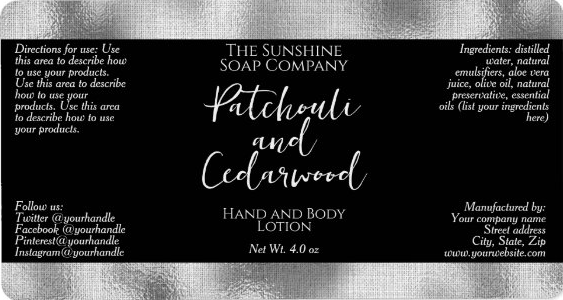 Handmade Soap and Cosmetics Product Packaging Label- Black with Faux Silver Foil - rectangle - 3.75" x 2"