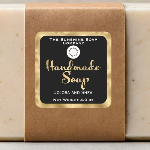 Square handmade soap product label with logo - black & faux gold