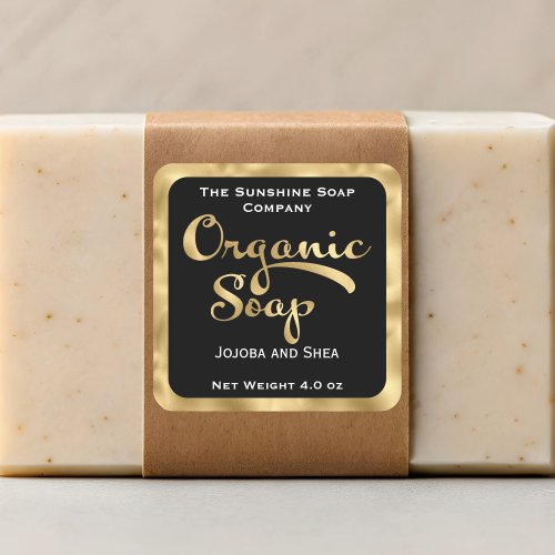 Square organic soap product label - black & faux gold