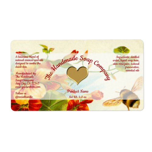 Handmade Soap and Cosmetics Product Packaging Label - Honeybee and Flowers - rectangle - 3.75" x 2"