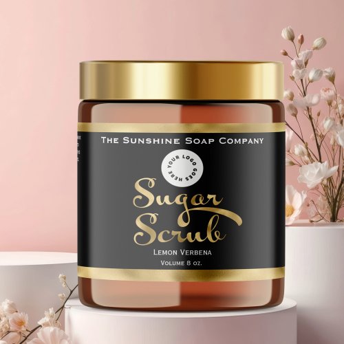 Waterproof Black and Faux Gold Sugar Scrub Jar Label with logo