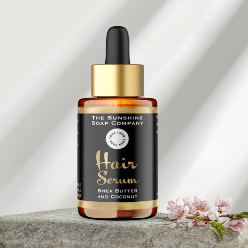 Black & Faux Gold Foil Hair Serum Bottle Label w/ logo