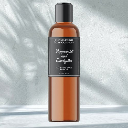 Black with white text cosmetics bottle label