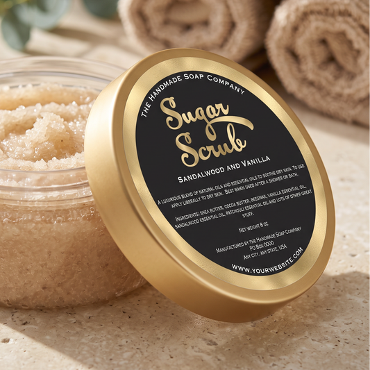 a black and faux gold foil sugar scrub label
