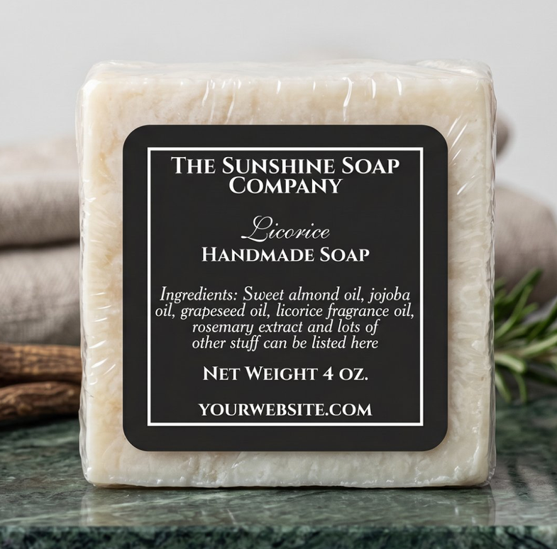 Simple black with white text soap cosmetics label