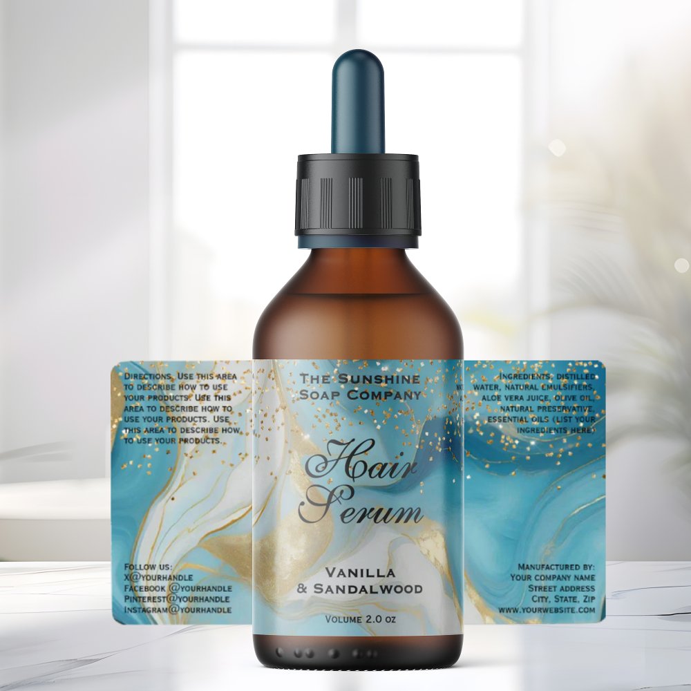 Blue Gold Glitter Cosmetics Dropper Bottle Label