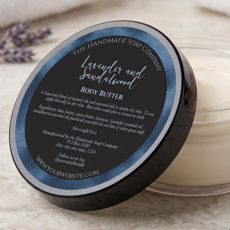 Black and Blue Cosmetics Jar Label with Ingredients - 3” diameter