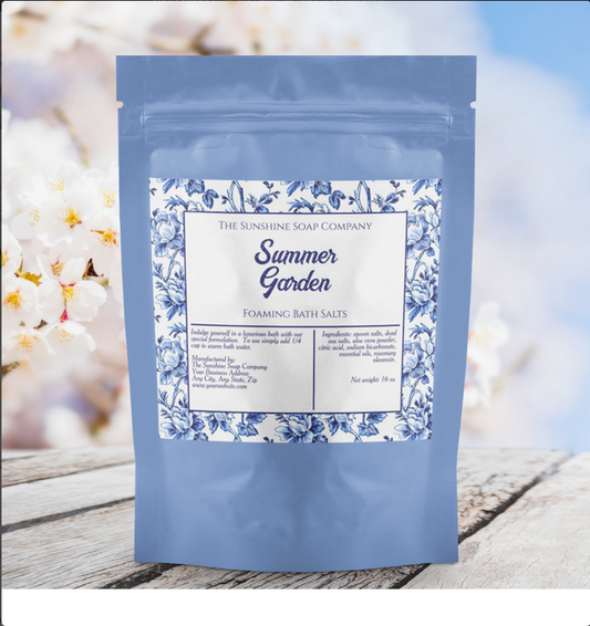 Blue and White Toile Vintage Floral Waterproof Bath Salts Pouch Label - 4" x 3.5"