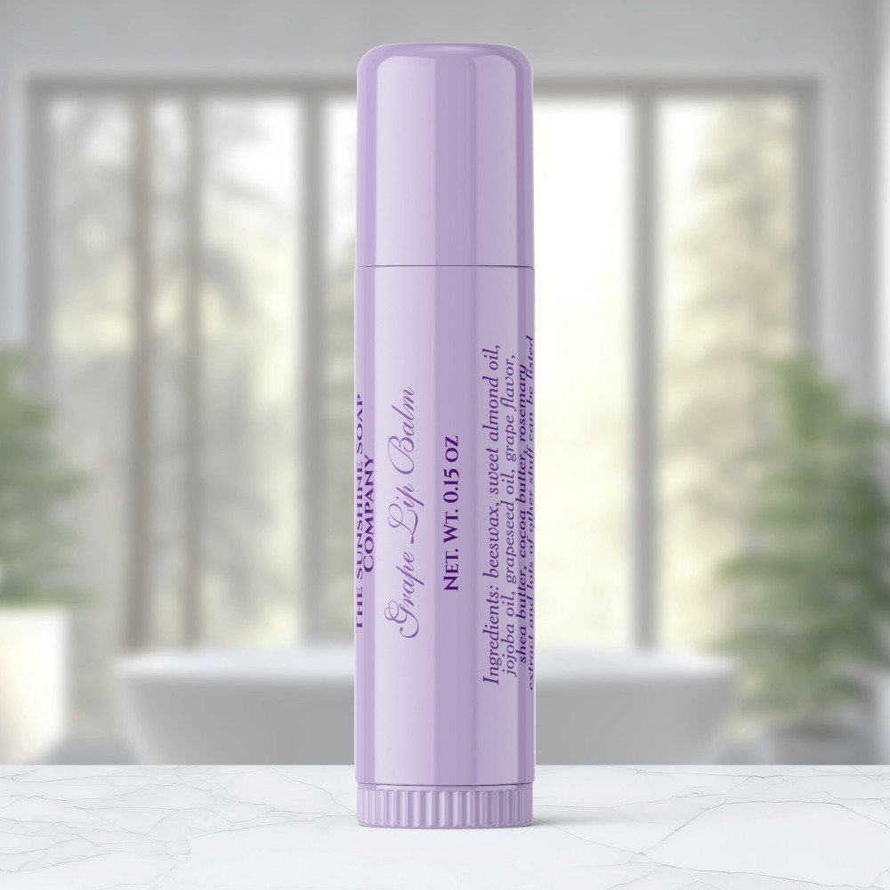 Clear with purple text lip balm tube label