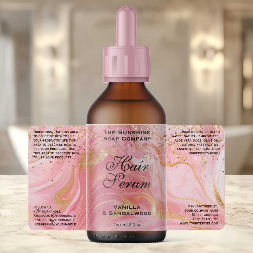 Delicate Pink Glitter & Gold Dropper Bottle Label