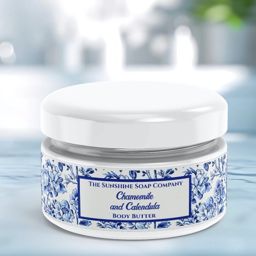 Floral Blue White Cosmetics jar label 1 x 7.25