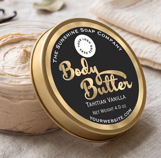 Black and faux gold foil body butter label with logo