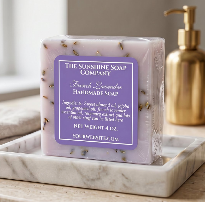 Simple purple and white soap cosmetics label