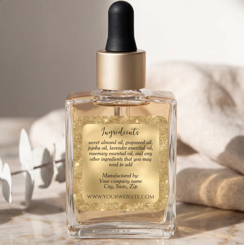 Luxury Square Gold Foil and Gold Glitter Ingredients Label