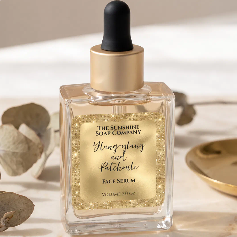 Faux Gold Foil & Gold Glitter Square Cosmetics Dropper Bottle Label