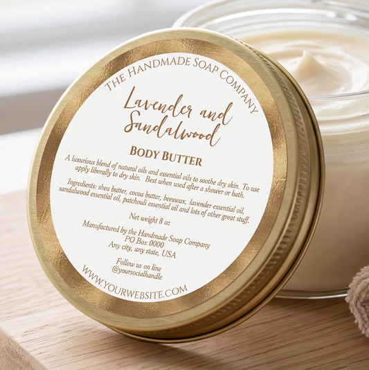 White and Gold Cosmetics Jar Label with Ingredients - 3” diameter