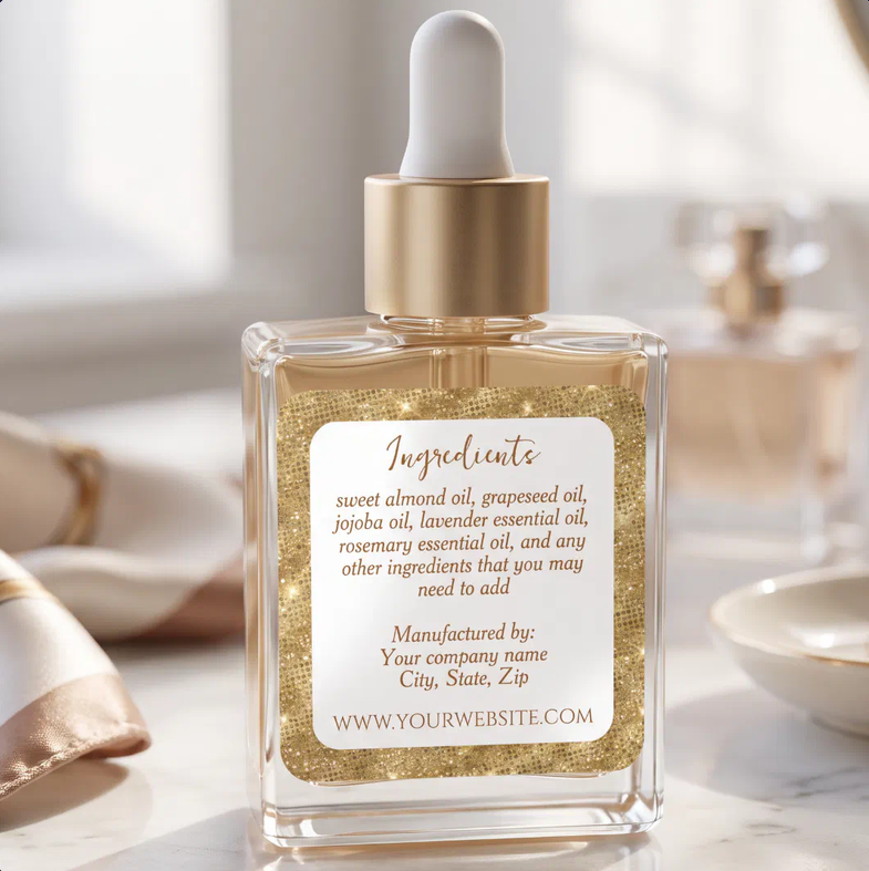 Luxury Square White and Faux Gold Glitter Ingredients Label