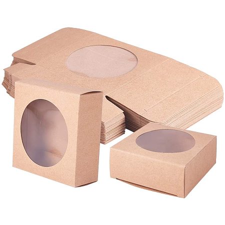 24 Pack Brown Kraft Square Paper Soap Boxes with Round Clear Window 3 x3 x 1.2 inches