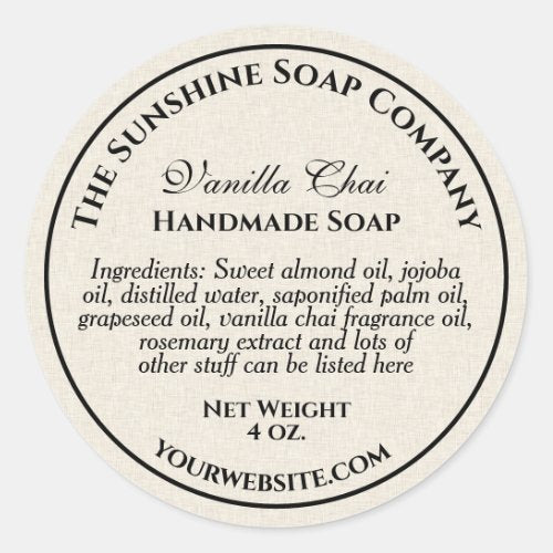 Beige linen paper style soap cosmetics bath bombs classic round sticker