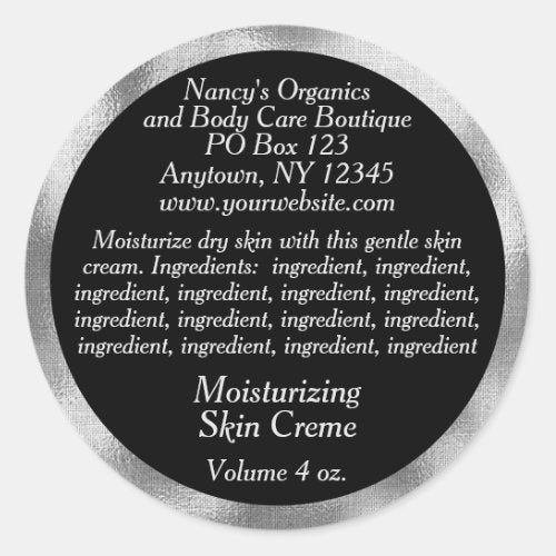 Cosmetic Label with Ingredients - black w silver