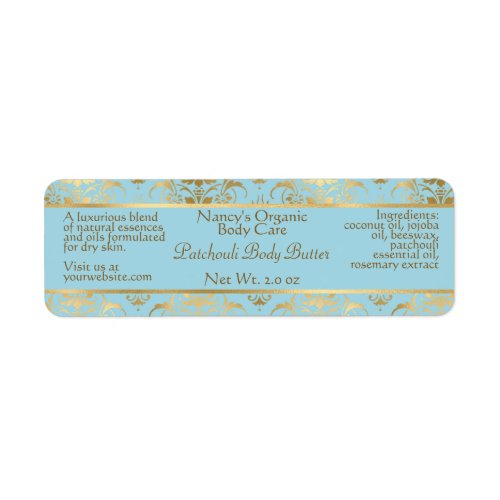 Lt blue and gold damask soap and cosmetics label