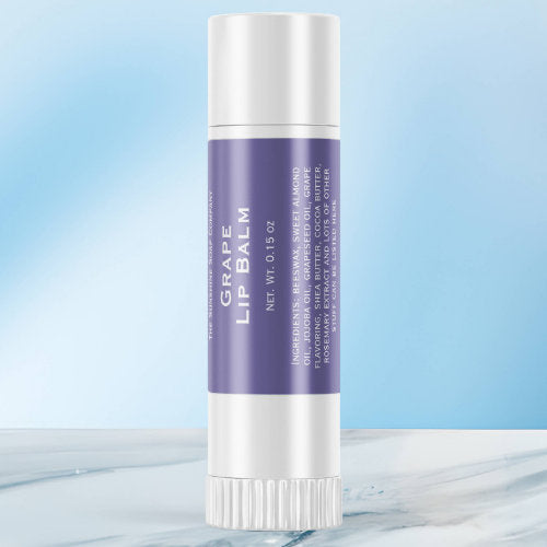 Modern purple with white text lip balm tube label