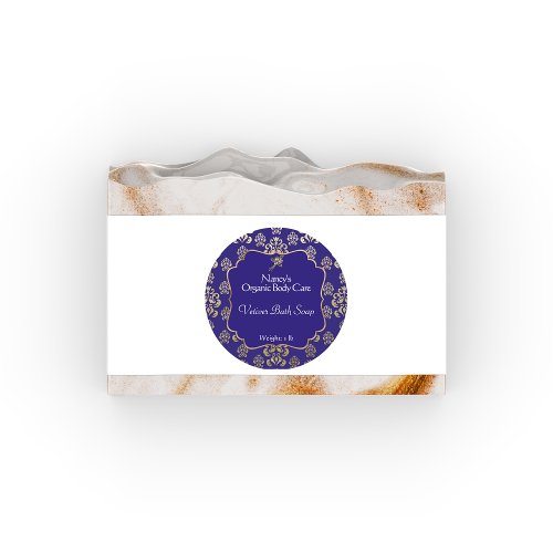 Navy blue and gold foil damask product label