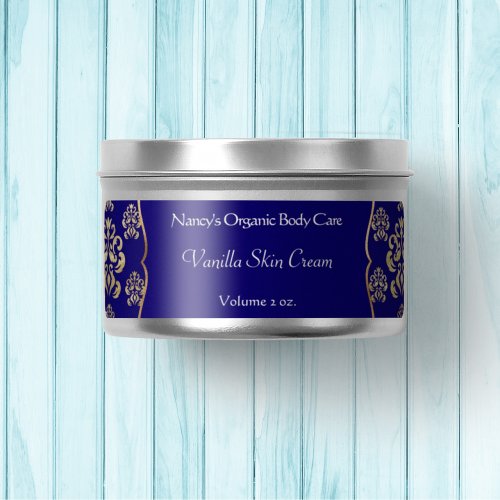 Navy blue and gold foil damask cosmetics label 2